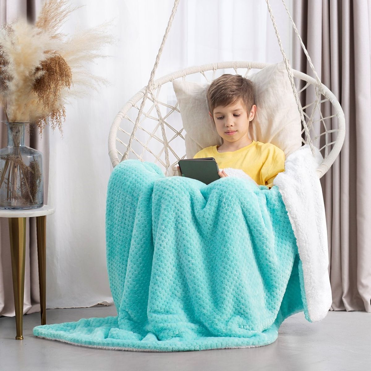 Coperta SHLEEPY colore turchese jacquard in rilievo stile classico 130x180