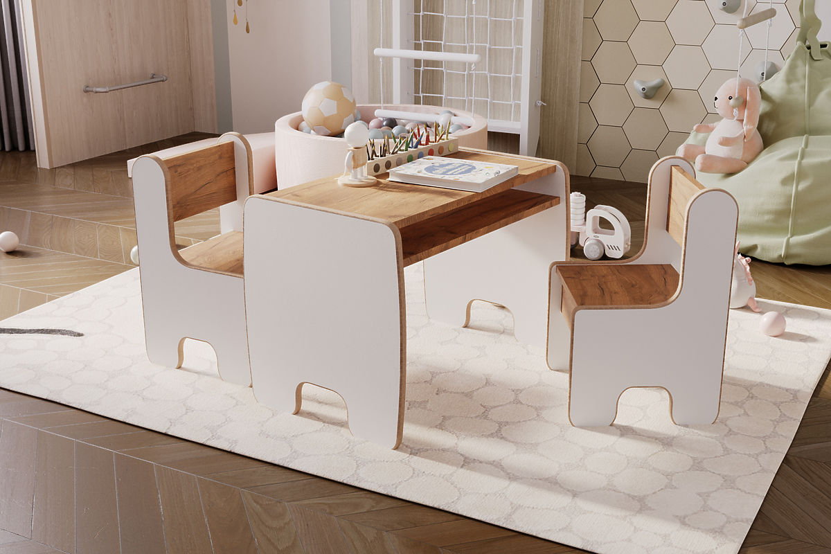 tavolo per bambini Timi e due sedie MDF colore bianco / rovere craft dorato