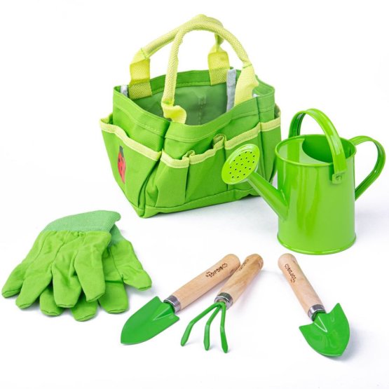 Bigjigs Toys Set attrezzi da giardino in borsa di tela verde