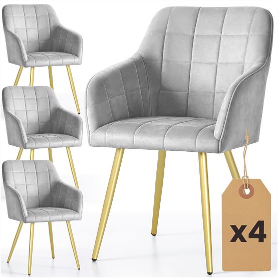 4x Sedia imbottite con cuciture quadrate Grigio LUXANO Gambe dorate