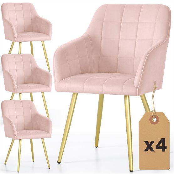 4x Sedia Imbottite con Cuciture Quadrate Rosa Cipria LUXANO Gambe Dorate