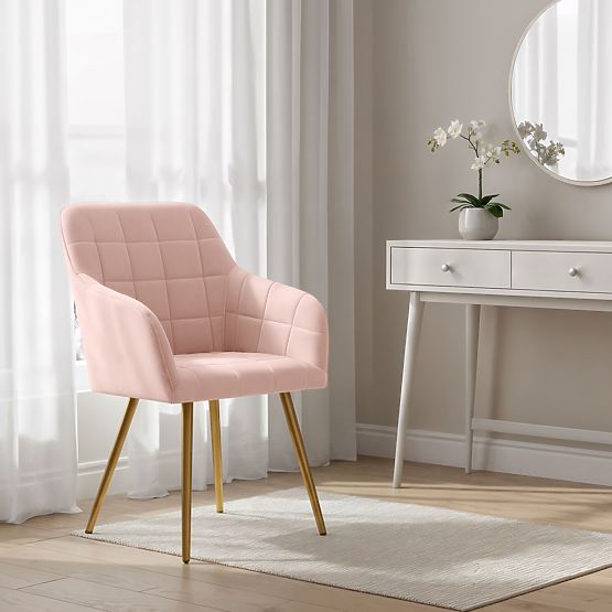 4x Sedia Imbottite con Cuciture Quadrate Rosa Cipria LUXANO Gambe Dorate