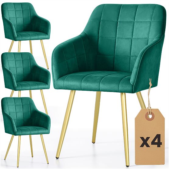 4x Sedia imbottite con cuciture quadrate Verde Bottiglia LUXANO Gambe dorate