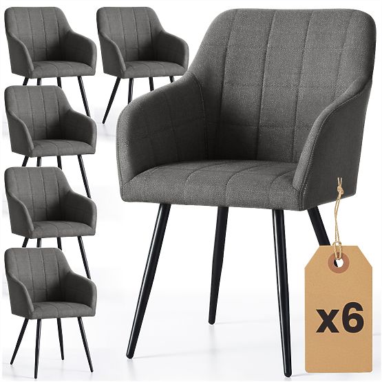 6x Sedia imbottita con cuciture quadrate Grafite Scuro LUXANO Gambe nere tessuto Lumos