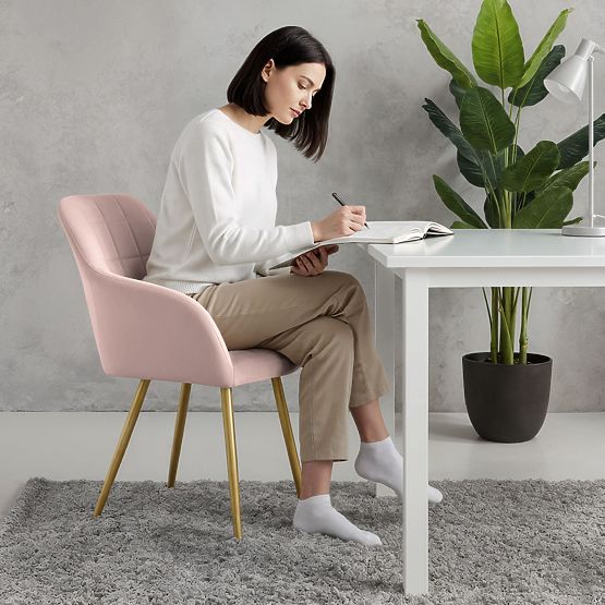 6x Sedia Imbottita con Cuciture Quadrate Rosa Cipria LUXANO Gambe Dorate
