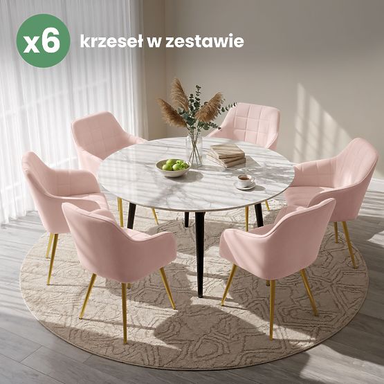 6x Sedia Imbottita con Cuciture Quadrate Rosa Cipria LUXANO Gambe Dorate