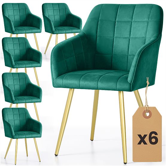 6x Sedia imbottite con cuciture quadrate Verde Smeraldo LUXANO Gambe dorate