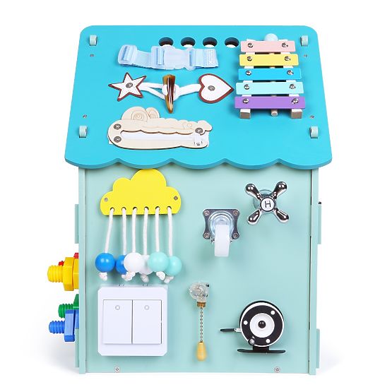 Activity board in legno a forma di casetta - blu