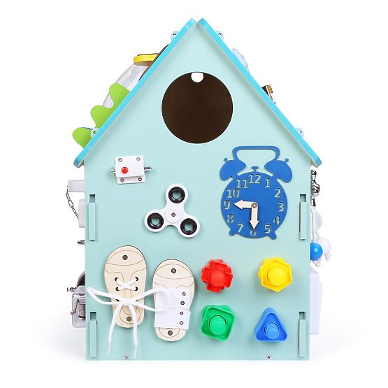 Activity board in legno a forma di casetta - blu