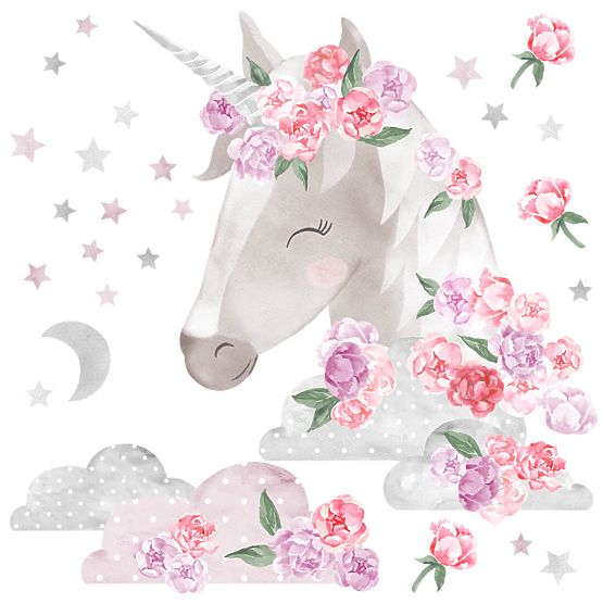 Adesivo murale Unicorno con fiori - rosa