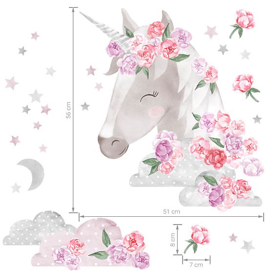 Adesivo murale Unicorno con fiori - rosa