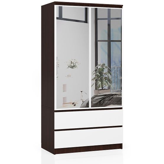 ARMADIO S 90 cm 2 PORTE 2 CASSETTI 2 SPECCHI PK WENGE / BIANCO
