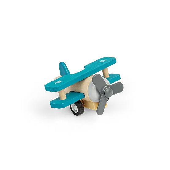 Bigjigs Toys Aereo in legno a carica biplano blu