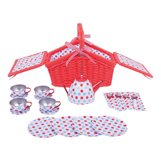 Bigjigs Toys Set da tè a pois nel cesto da picnic