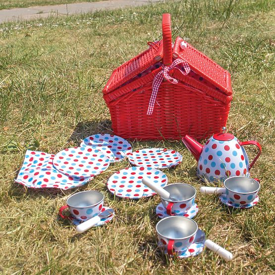 Bigjigs Toys Set da tè a pois nel cesto da picnic