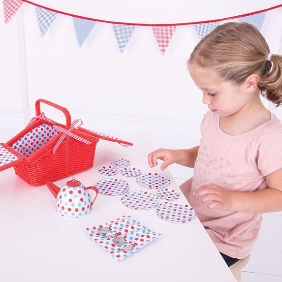 Bigjigs Toys Set da tè a pois nel cesto da picnic