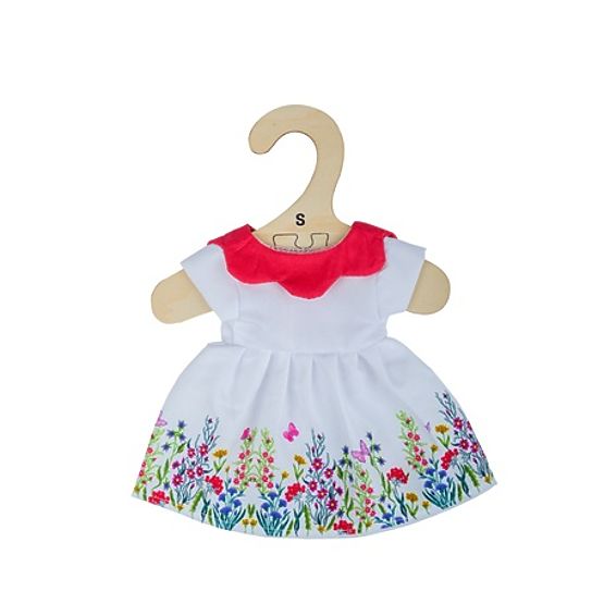 Bigjigs Toys Vestito bianco floreale con colletto rosso per bambola 25 cm