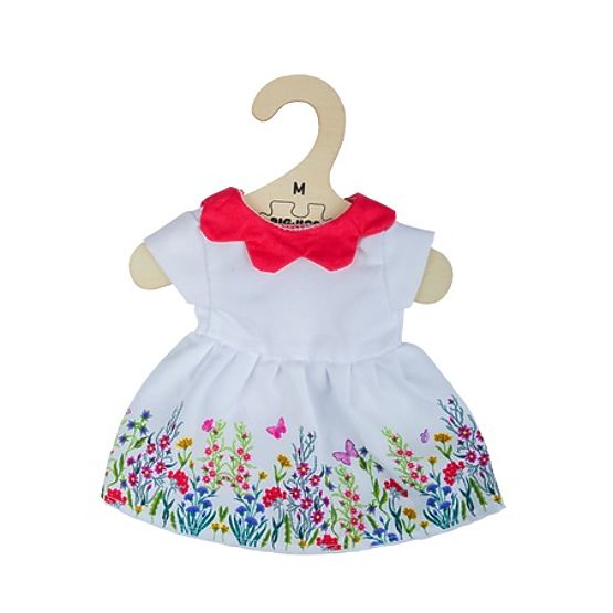 Bigjigs Toys Vestito floreale bianco con colletto rosso per bambola 34 cm