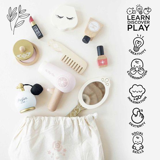 Borsa cosmetica con accessori in legno