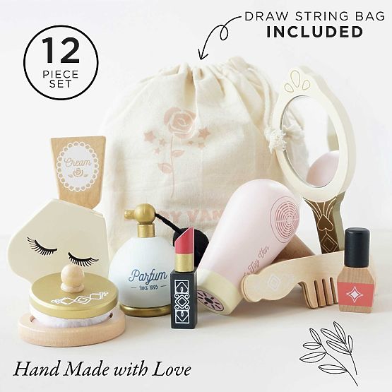 Borsa cosmetica con accessori in legno