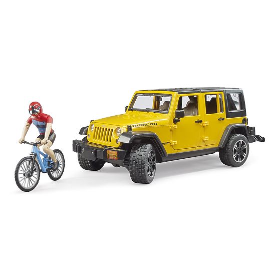 Bruder Jeep Wrangler Rubicon con ciclista e bicicletta