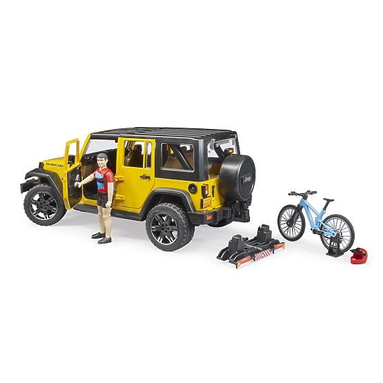 Bruder Jeep Wrangler Rubicon con ciclista e bicicletta