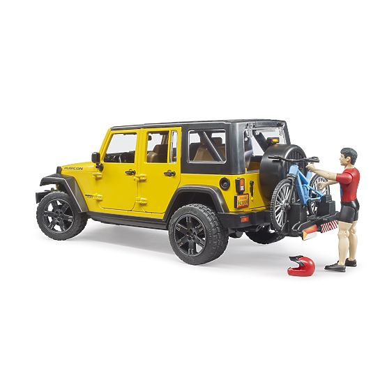 Bruder Jeep Wrangler Rubicon con ciclista e bicicletta