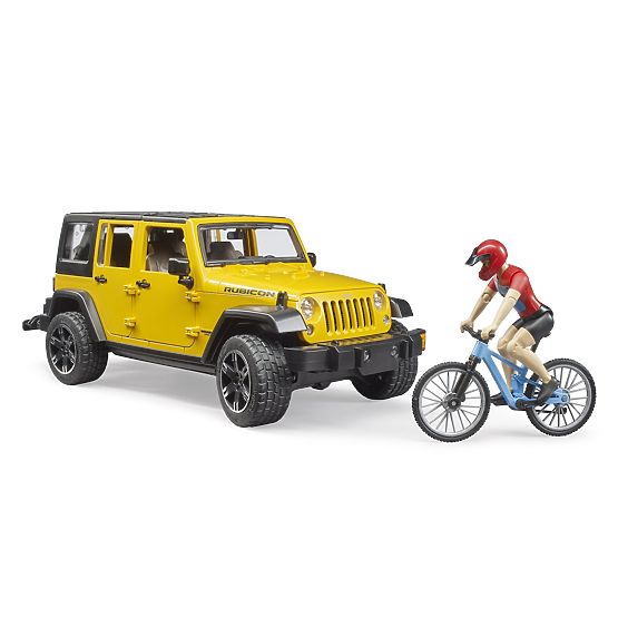 Bruder Jeep Wrangler Rubicon con ciclista e bicicletta