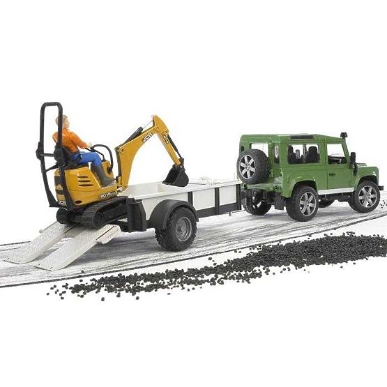 Bruder LAND ROVER + trasportatore, miniescavatore JCB