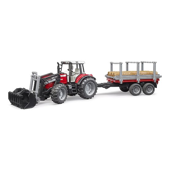 Bruder Trattore Massey Ferguson 7480 con caricatore frontale e trasportatore di tronchi
