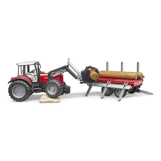 Bruder Trattore Massey Ferguson 7480 con caricatore frontale e trasportatore di tronchi