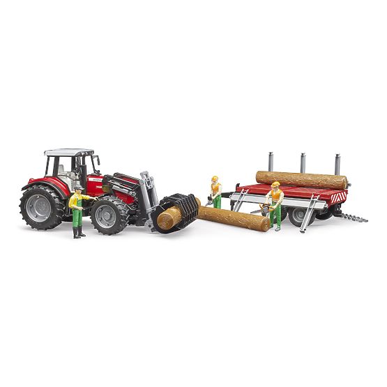 Bruder Trattore Massey Ferguson 7480 con caricatore frontale e trasportatore di tronchi