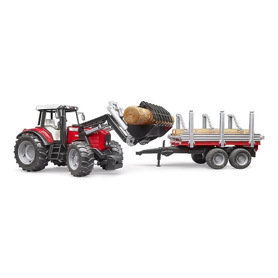Bruder Trattore Massey Ferguson 7480 con caricatore frontale e trasportatore di tronchi