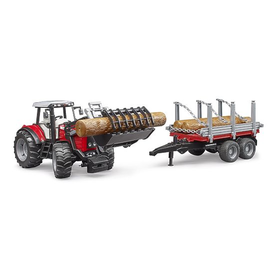 Bruder Trattore Massey Ferguson 7480 con caricatore frontale e trasportatore di tronchi