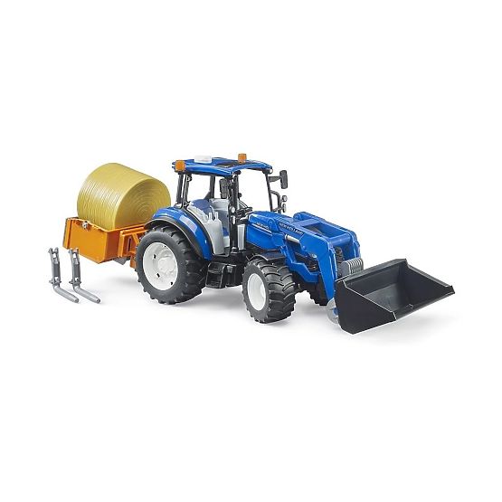 Bruder Trattore New Holland T5.120 con caricatore frontale, cassone, forche e balla rotonda