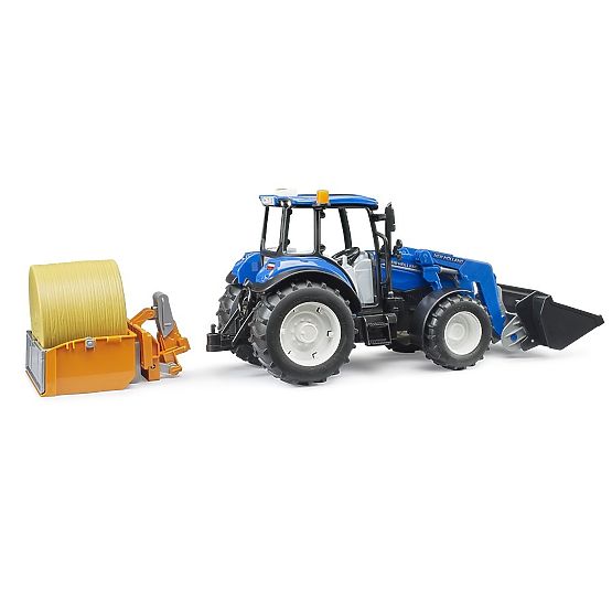 Bruder Trattore New Holland T5.120 con caricatore frontale, cassone, forche e balla rotonda