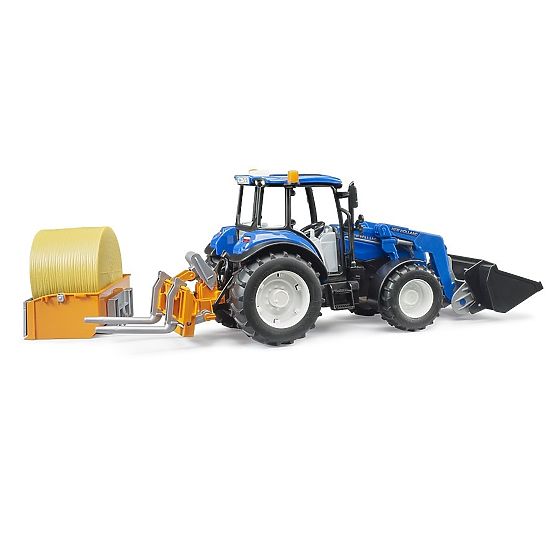 Bruder Trattore New Holland T5.120 con caricatore frontale, cassone, forche e balla rotonda
