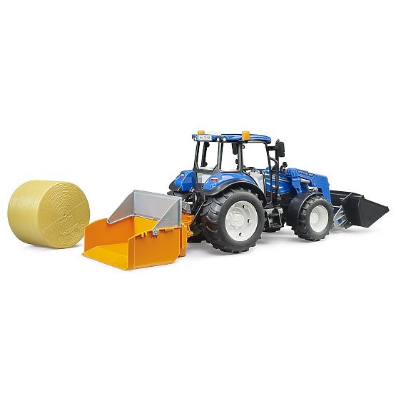 Bruder Trattore New Holland T5.120 con caricatore frontale, cassone, forche e balla rotonda