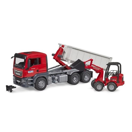 Camion Bruder MAN TGS con container e caricatore Schäffer Hoflader
