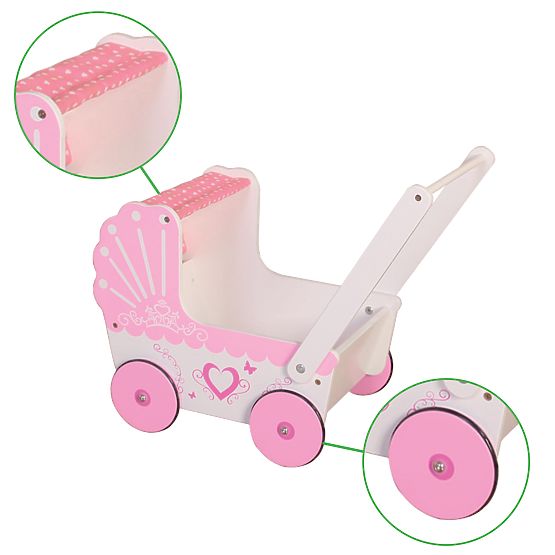 Carrozzina in legno per bambole con baldacchino ECOTOYS
