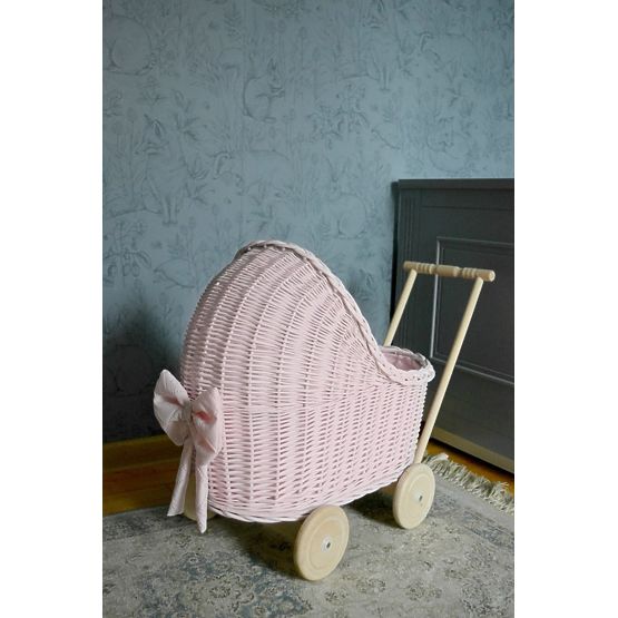 Carrozzina in vimini per bambole - rosa