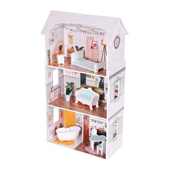 Casa delle bambole Alice 3 piani 4 stanze set 9 mobili ECOTOYS