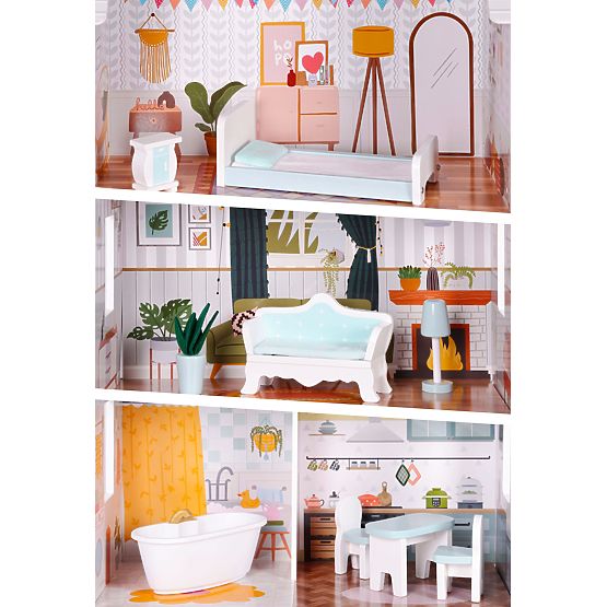 Casa delle bambole Alice 3 piani 4 stanze set 9 mobili ECOTOYS