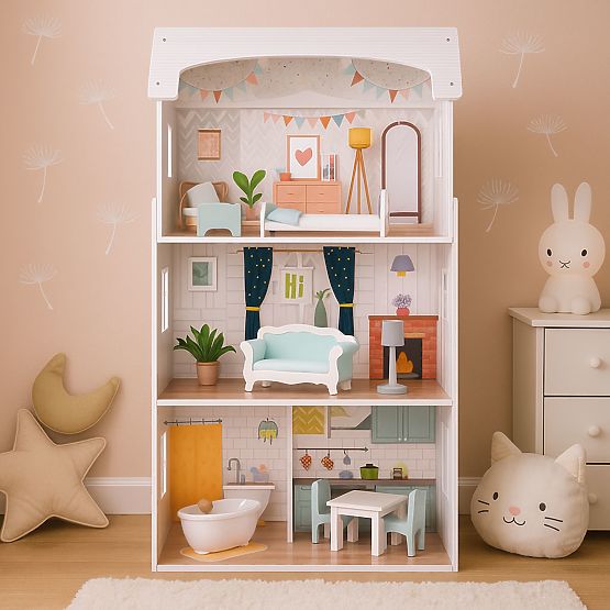 Casa delle bambole Alice 3 piani 4 stanze set 9 mobili ECOTOYS