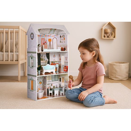 Casa delle bambole Alice 3 piani 4 stanze set 9 mobili ECOTOYS