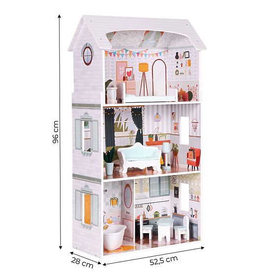 Casa delle bambole Alice 3 piani 4 stanze set 9 mobili ECOTOYS