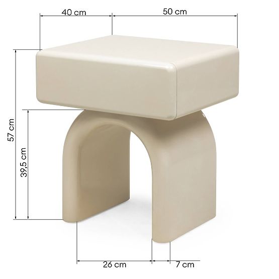 Comodino con cassetto Blush, bianco crema, lucido, forma arcuata