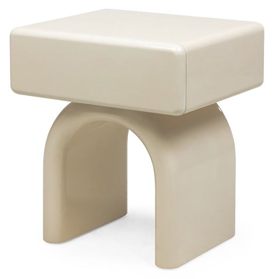 Comodino con cassetto Blush, bianco crema, lucido, forma arcuata