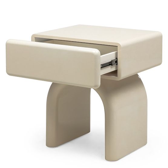 Comodino con cassetto Blush, bianco crema, lucido, forma arcuata