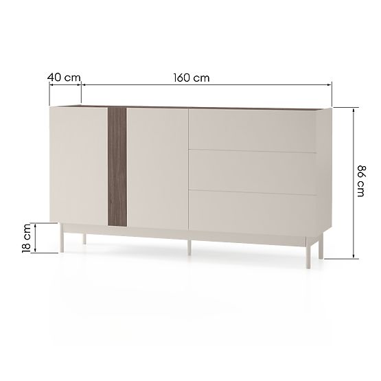 Credenza a due ante con cassetti Berula, color cashmere, Noce Villa
